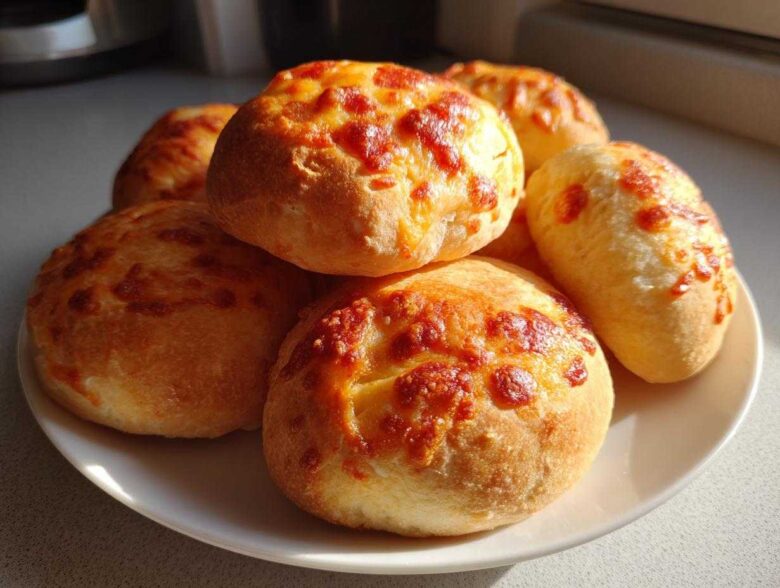 A pile of golden brown, freshly baked pepperoni pizza bites topped with melted cheese on a white plate.