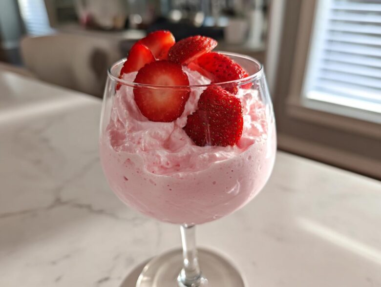 A glass of pink, airy Fresh Strawberry Mousse topped with sliced fresh strawberries.