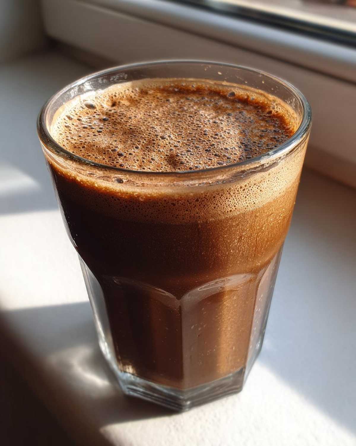 A close-up shot of a rich, brown, frothy Coffee Smoothie served in a textured glass, catching sunlight.