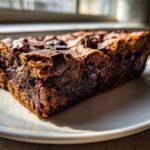 Close-up of a moist slice of Fudgy Chocolate Banana Bread, rich brown with visible melted chocolate chunks.