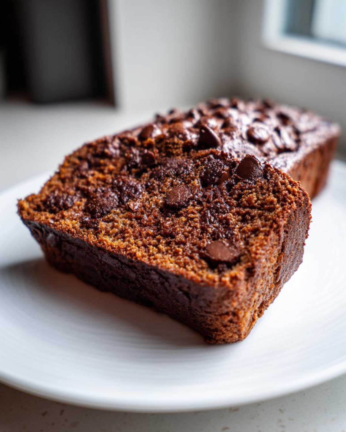 A close-up view of a thick slice of Fudgy Chocolate Banana Bread, rich brown and studded with melted chocolate chips.
