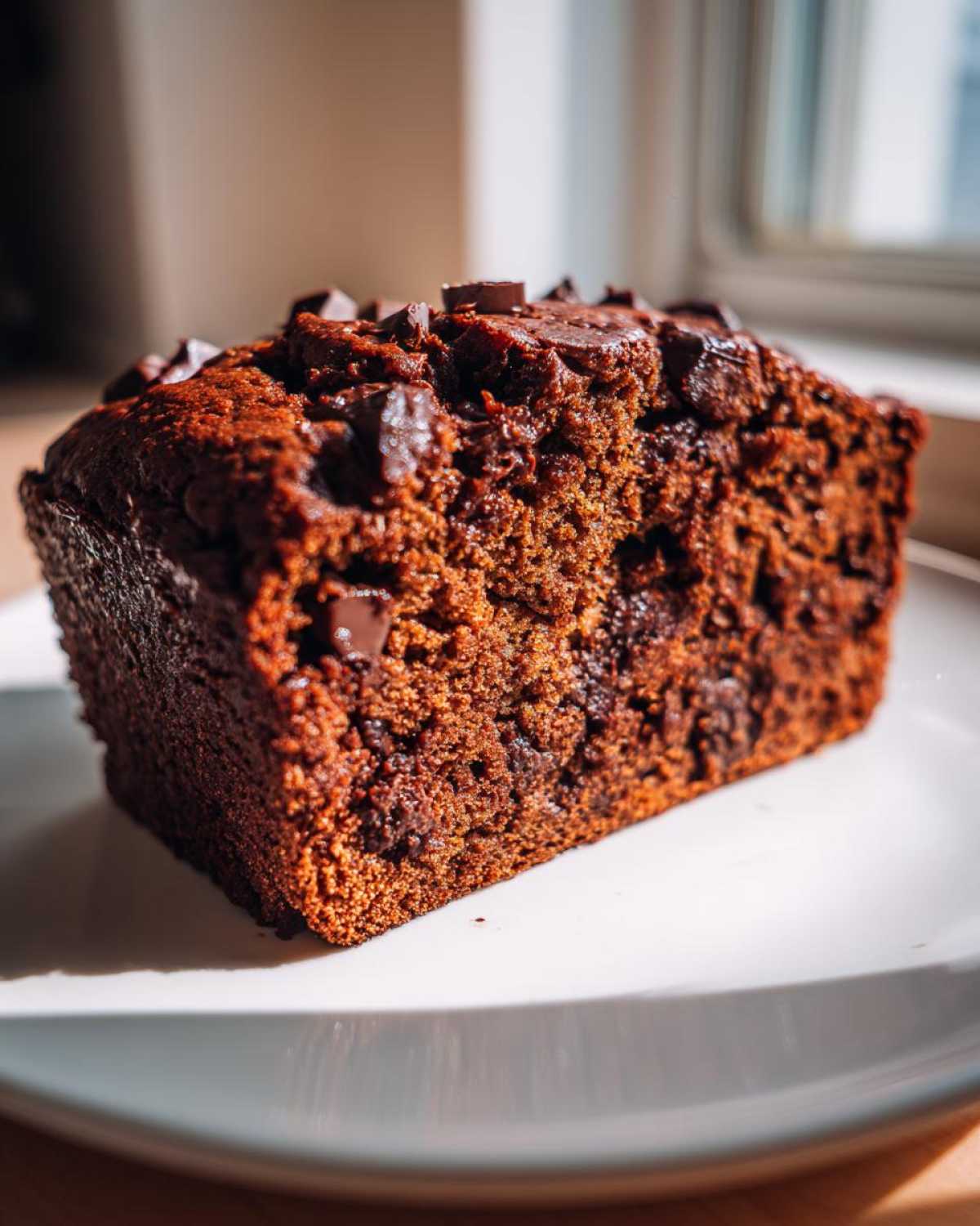 Close-up of a rich, dark slice of Fudgy Chocolate Banana Bread topped with melted chocolate chips.