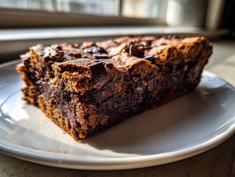 Close-up of a moist slice of Fudgy Chocolate Banana Bread, rich brown with visible melted chocolate chunks.