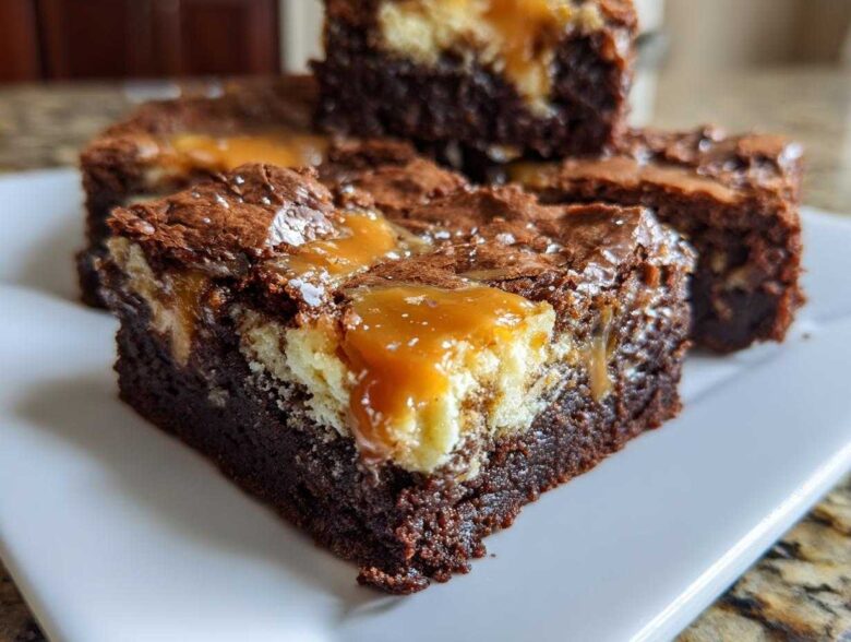 Close-up of fudgy Gluten Free Cheesecake Brownies topped with caramel sauce and sea salt.