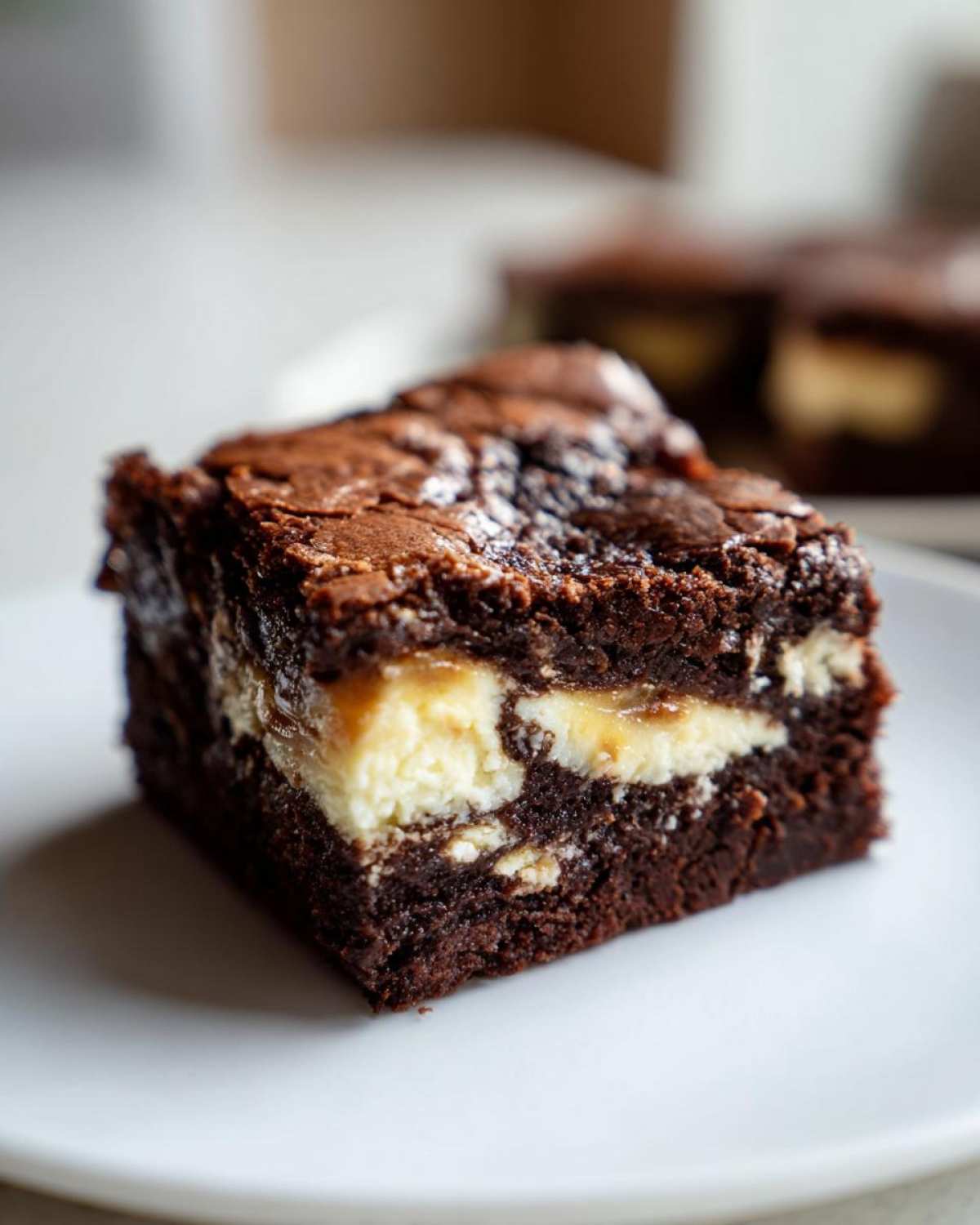 Close-up of a fudgy Gluten Free Cheesecake Brownies slice showing a rich chocolate base and creamy cheesecake swirl.