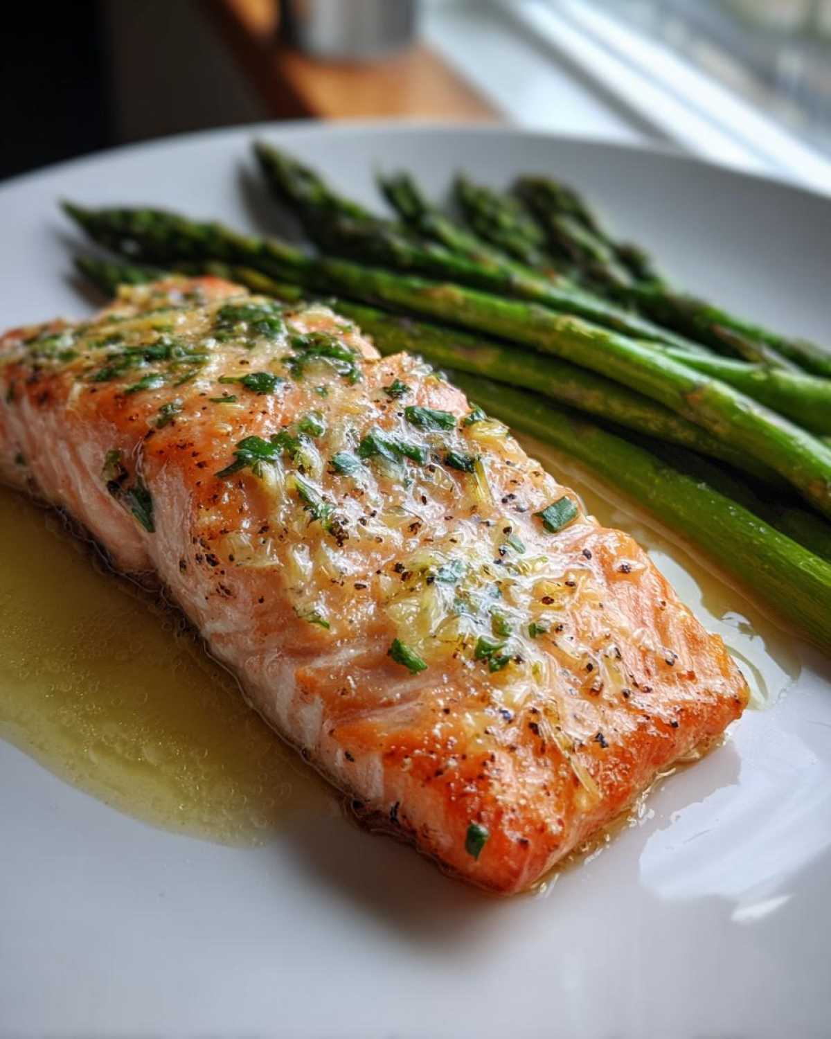 A perfectly cooked fillet of Garlic Butter Baked Salmon Dinner topped with herbs, next to roasted asparagus spears.