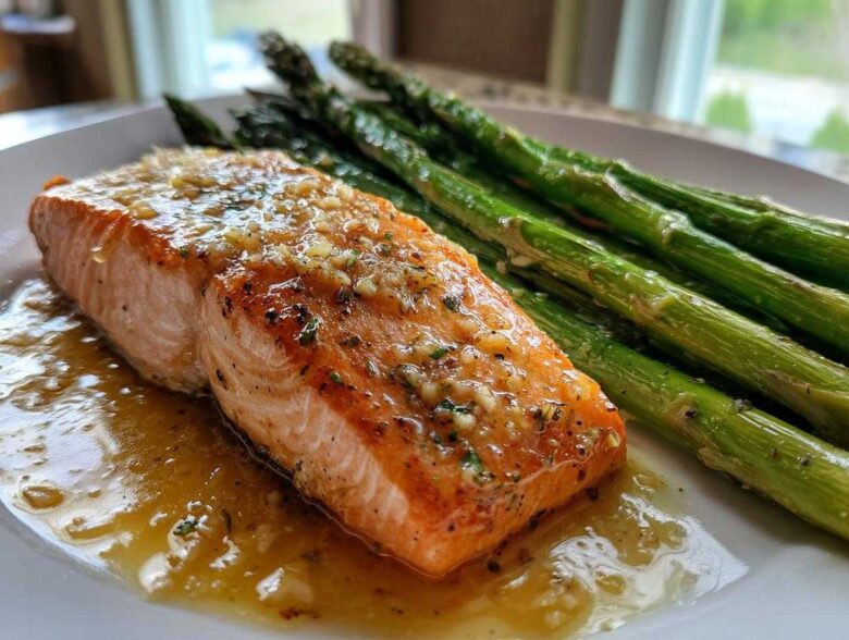 Close-up of a perfectly cooked fillet in a Garlic Butter Baked Salmon Dinner, topped with minced garlic sauce and served alongside bright green asparagus.