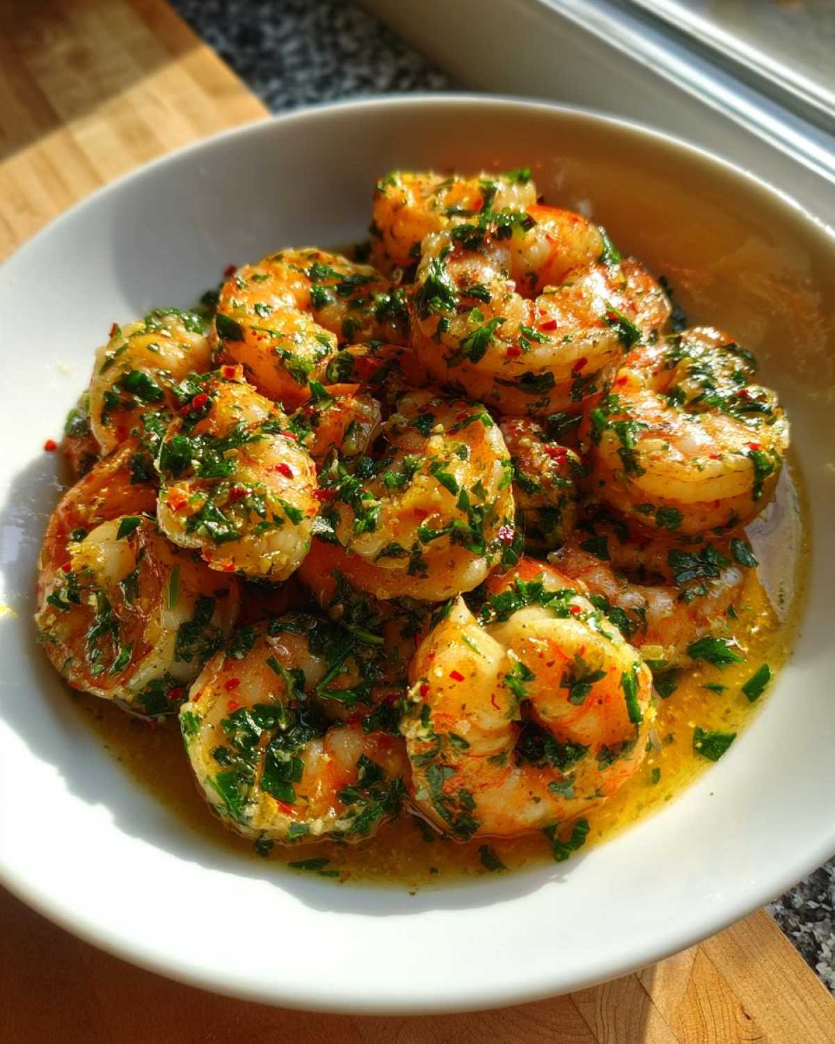 Close-up of plump, cooked Garlic Butter Sauteed Shrimp coated in herbs and butter sauce in a white bowl.