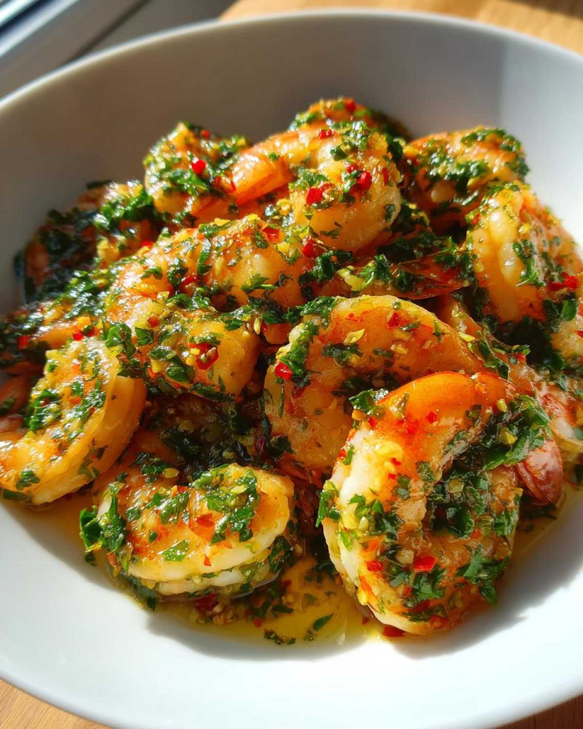 Close-up of plump shrimp coated in a vibrant sauce made with garlic, butter, parsley, and chili flakes, ready for Garlic Butter Sauteed Shrimp.