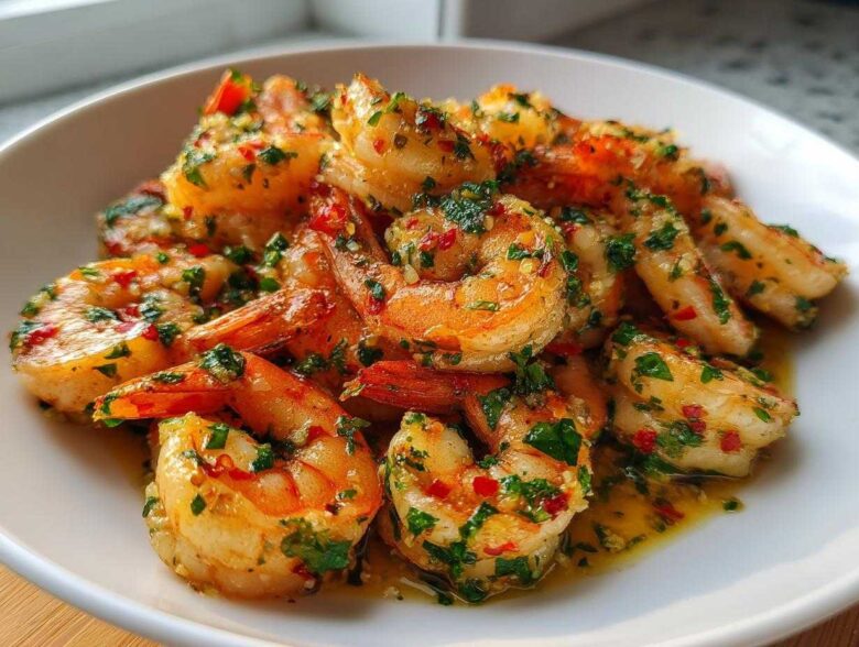 Close-up of succulent Garlic Butter Sauteed Shrimp coated in herbs and chili flakes, served in a white bowl.