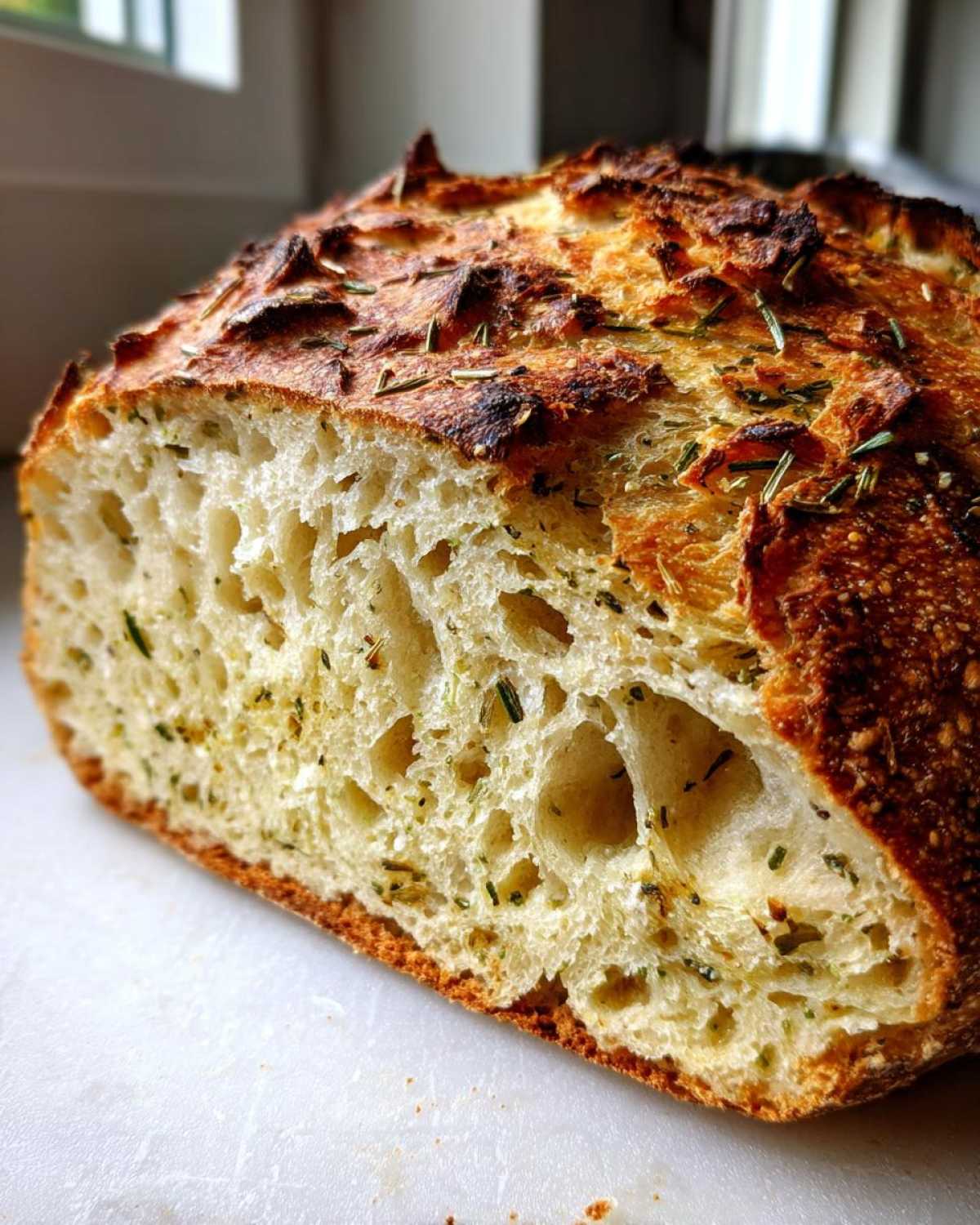 Close-up of the open crumb structure of Garlic Herb Dutch Oven Bread with visible herbs.