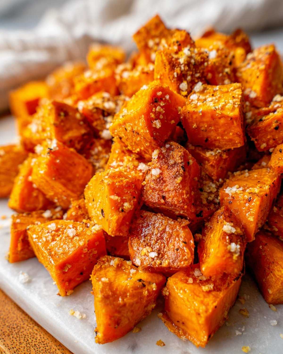 A pile of vibrant orange, cubed Garlic Parmesan Roasted Sweet Potatoes sprinkled with coarse salt and seasoning.