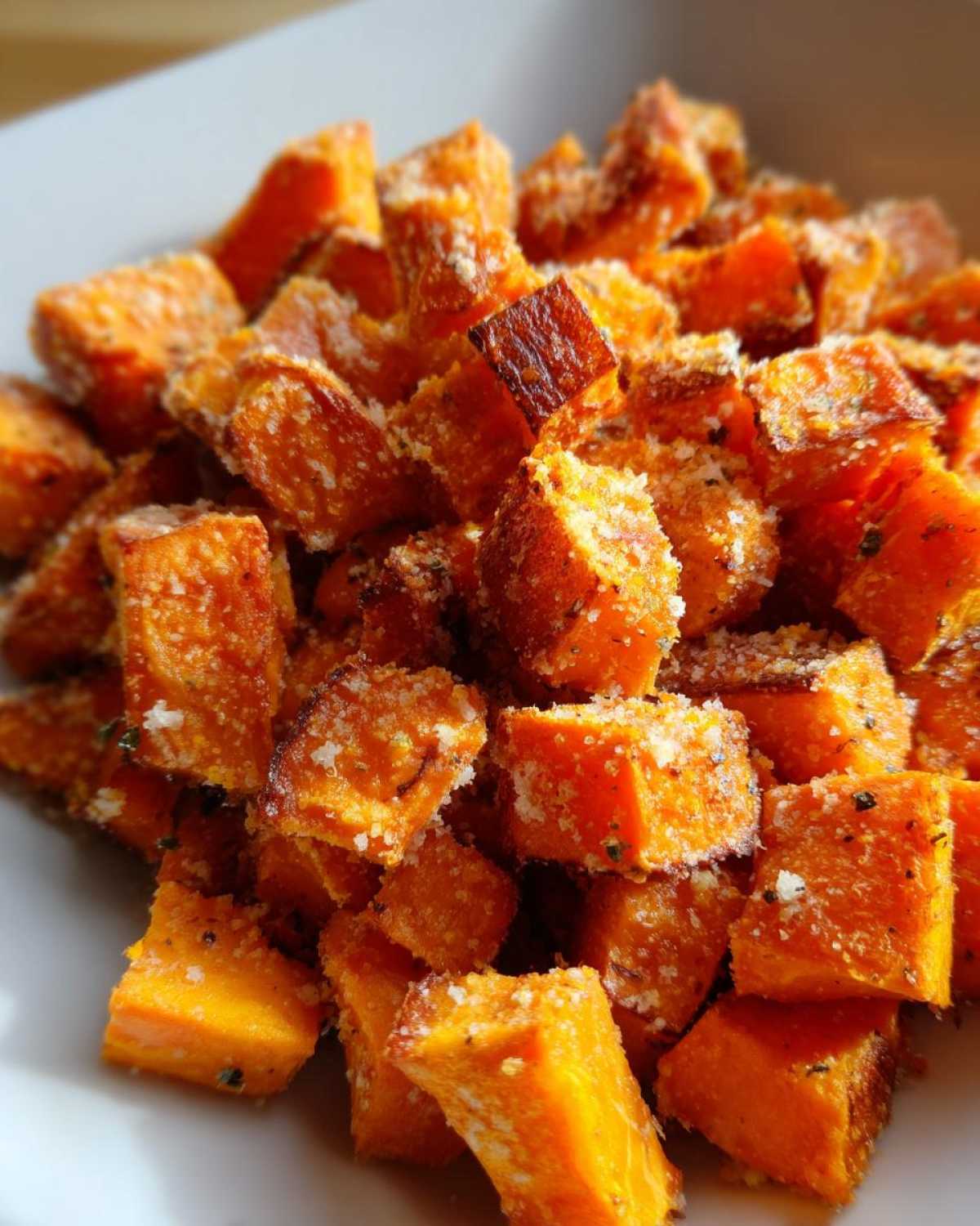 Close-up of vibrant orange Garlic Parmesan Roasted Sweet Potatoes cubes sprinkled with grated cheese and herbs.