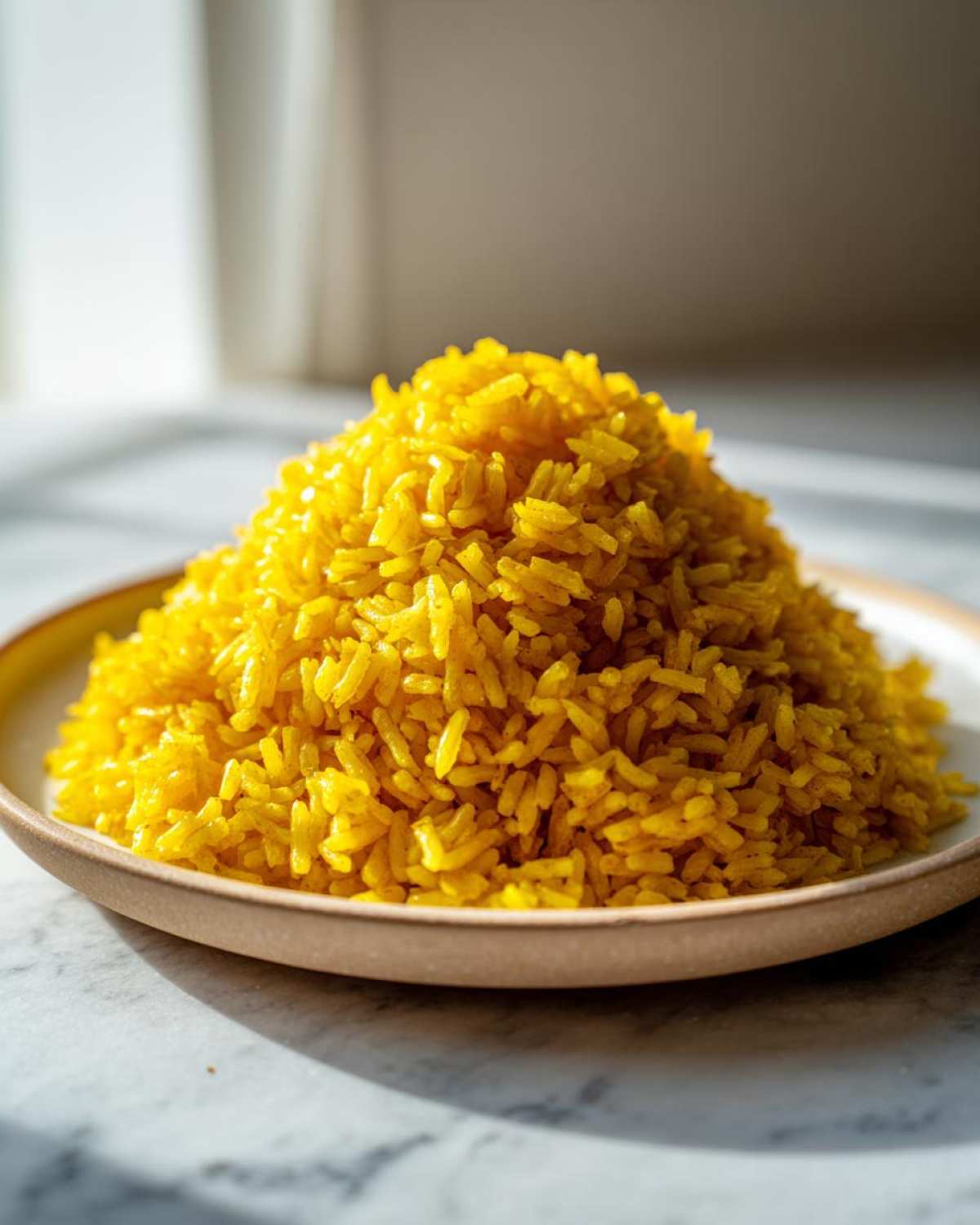 A perfectly mounded serving of vibrant yellow Garlic Turmeric Rice on a light brown rimmed plate.