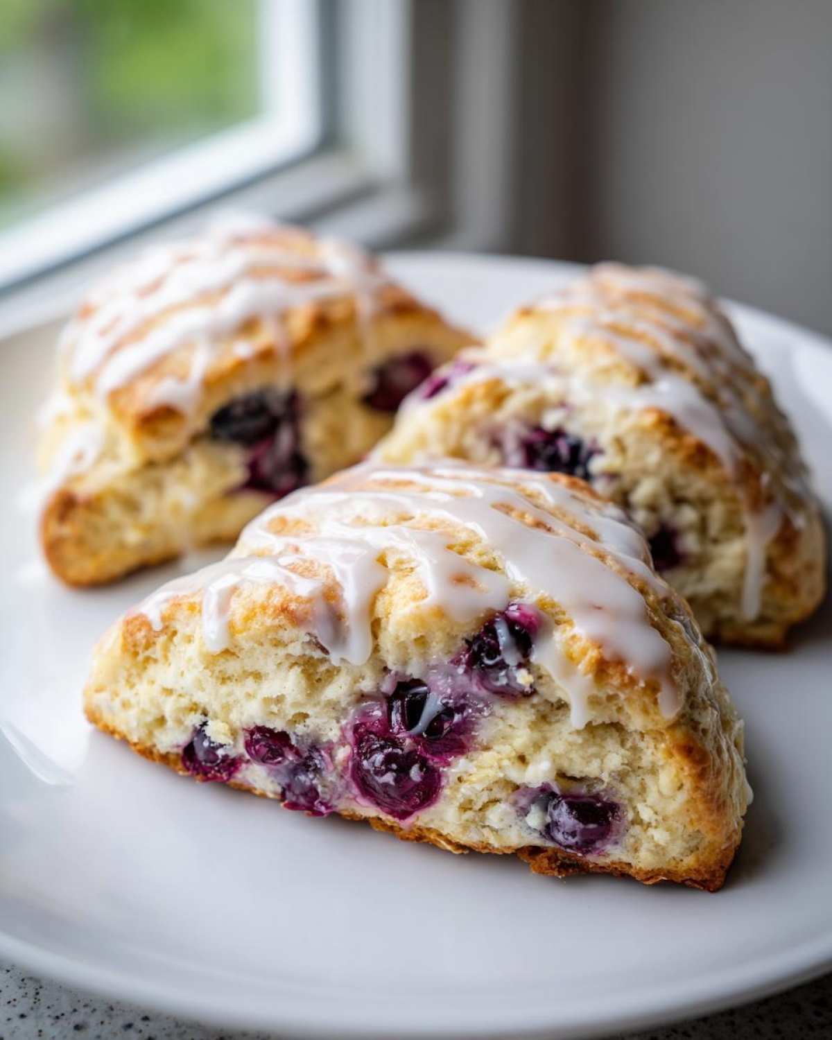 Three triangular, freshly baked Blueberry Scones topped with a white vanilla glaze, displayed on a white plate.