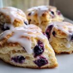 Four freshly baked Blueberry Scones topped with a thick, white vanilla glaze, resting on a white plate.