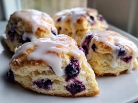 Four freshly baked Blueberry Scones topped with a thick, white vanilla glaze, resting on a white plate.