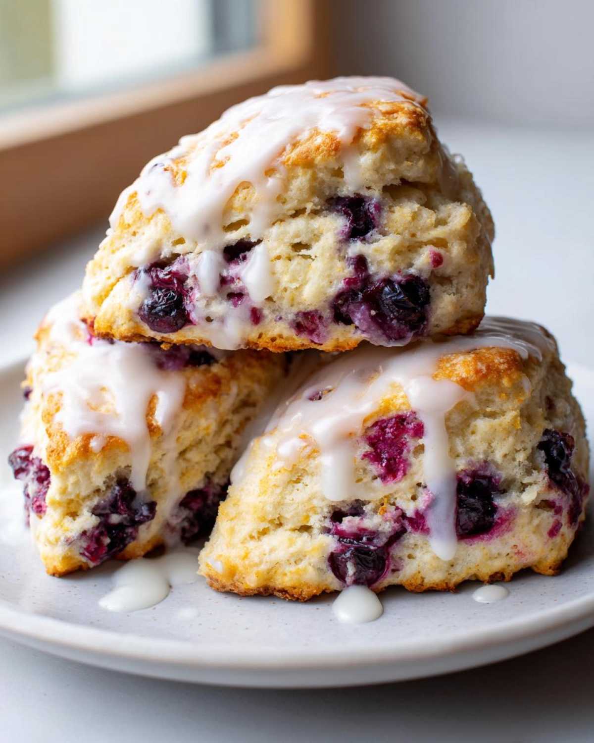 A stack of three freshly baked Blueberry Scones topped with a thick white glaze, showing juicy blueberries inside.
