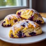 Close-up of three freshly baked Blueberry Scones stacked on a white plate, drizzled with white glaze.