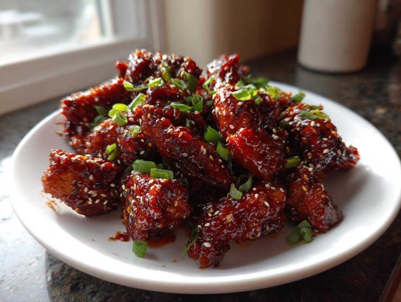 A plate piled high with sticky, glazed Korean BBQ Chicken pieces, garnished with sesame seeds and green onions.