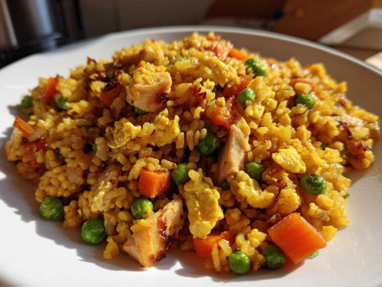 A close-up of vibrant, yellow-seasoned Chicken Fried Rice featuring chunks of chicken, bright green peas, and diced carrots on a white plate.