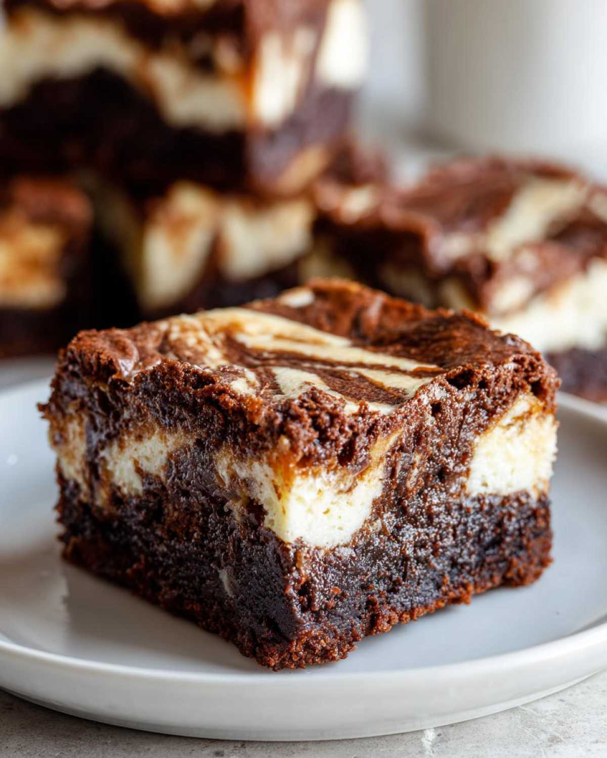A close-up of a fudgy Gluten Free Cheesecake Brownies square showing the dark chocolate base and white cheesecake swirl topping.