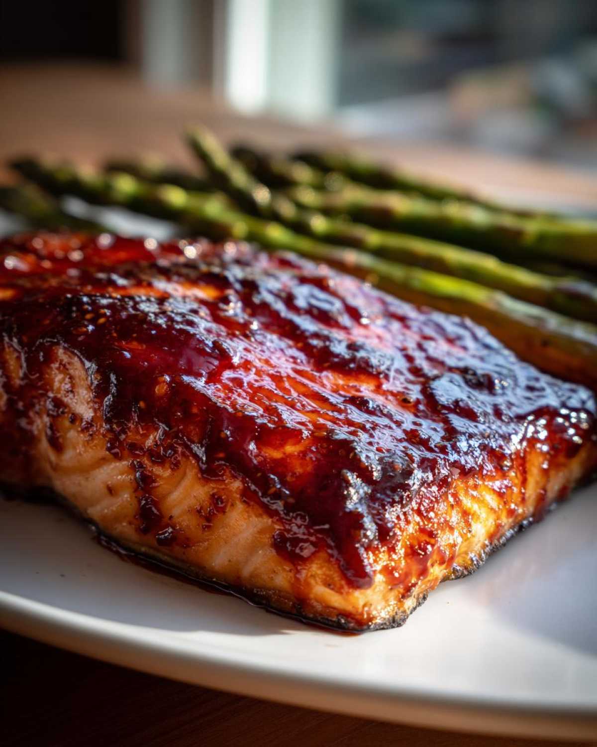 Close-up of a perfectly cooked fillet of Gochujang Honey Glazed Salmon with a thick, shiny glaze, served with roasted asparagus.