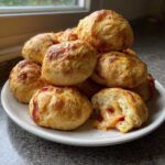A stack of golden-brown pepperoni pizza bites on a white plate, one is broken open showing melted cheese and pepperoni.