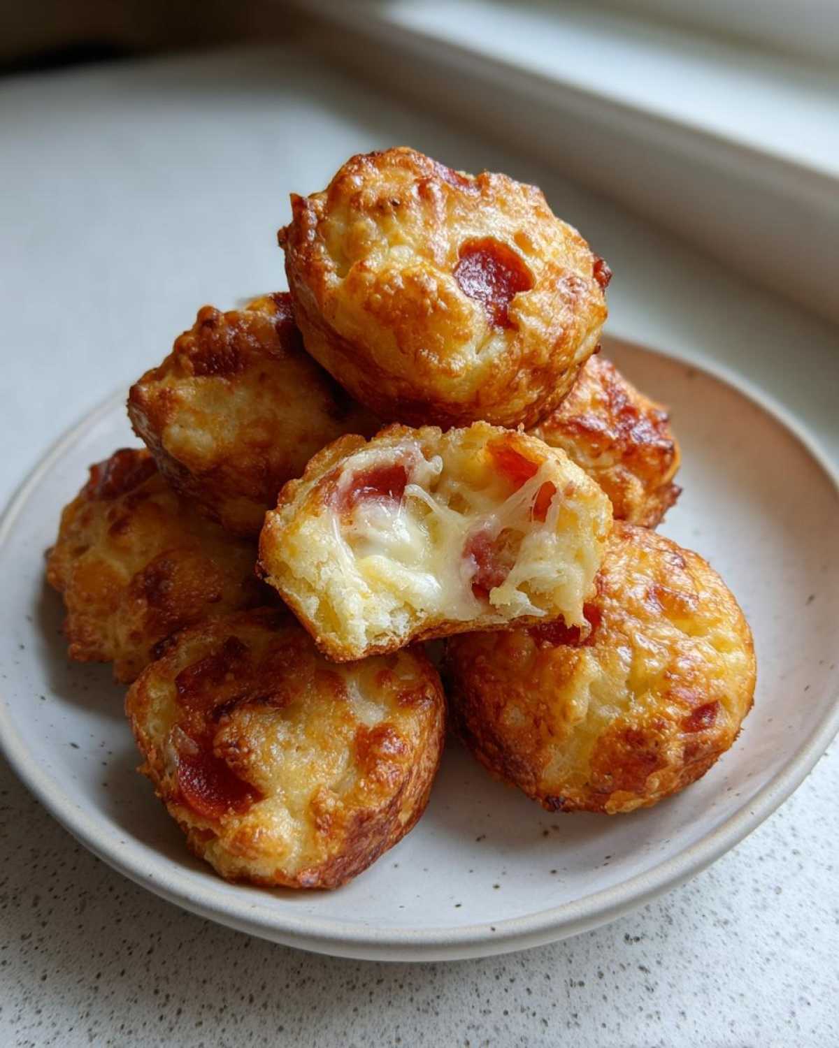 A stack of golden brown pepperoni pizza bites with one broken open showing melted cheese and pepperoni inside.