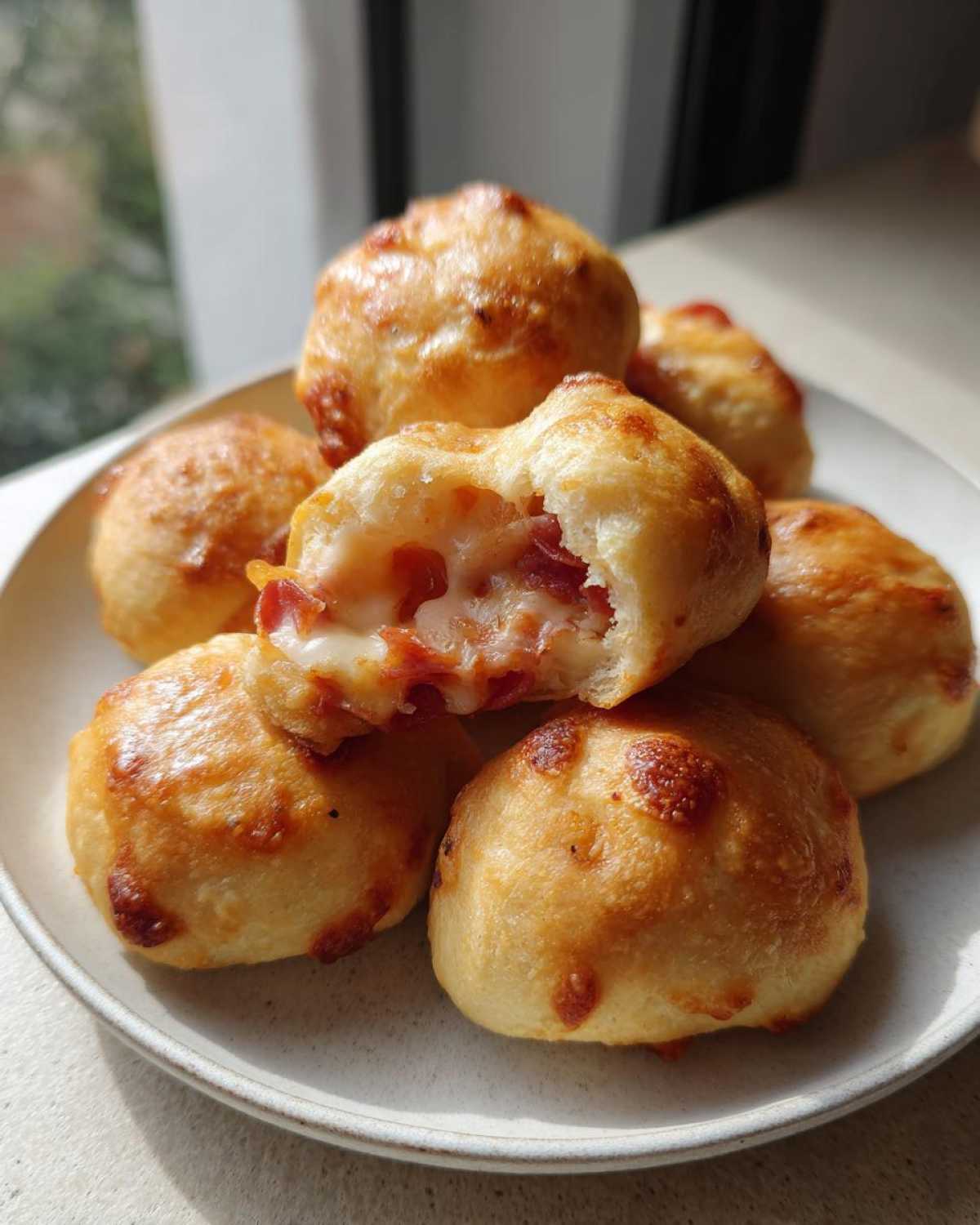 Close-up of golden baked pepperoni pizza bites, one broken open showing melted cheese and pepperoni filling.