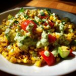 Close-up of a delicious grilled Corn Salad featuring charred corn kernels, avocado chunks, red tomatoes, and a creamy green dressing.