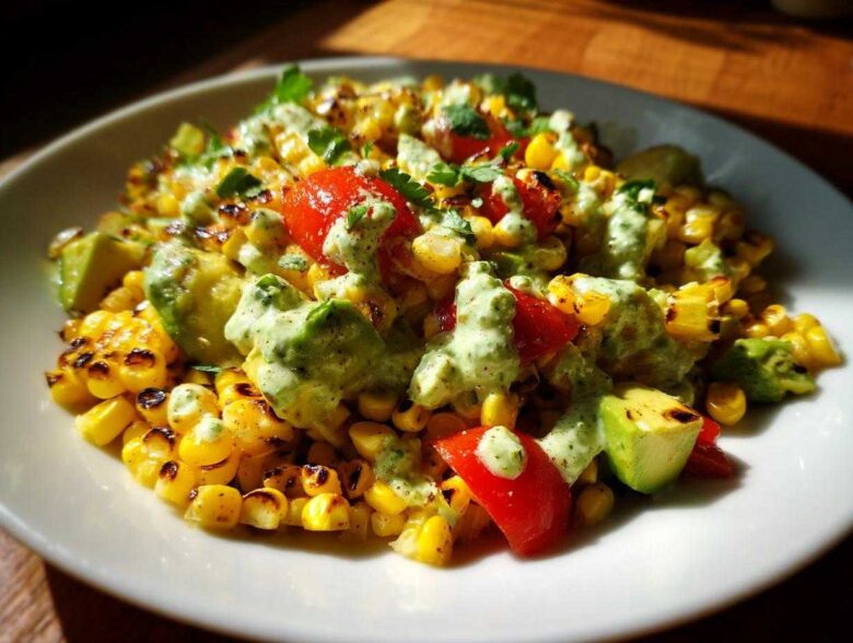 Close-up of a delicious grilled Corn Salad featuring charred corn kernels, avocado chunks, red tomatoes, and a creamy green dressing.