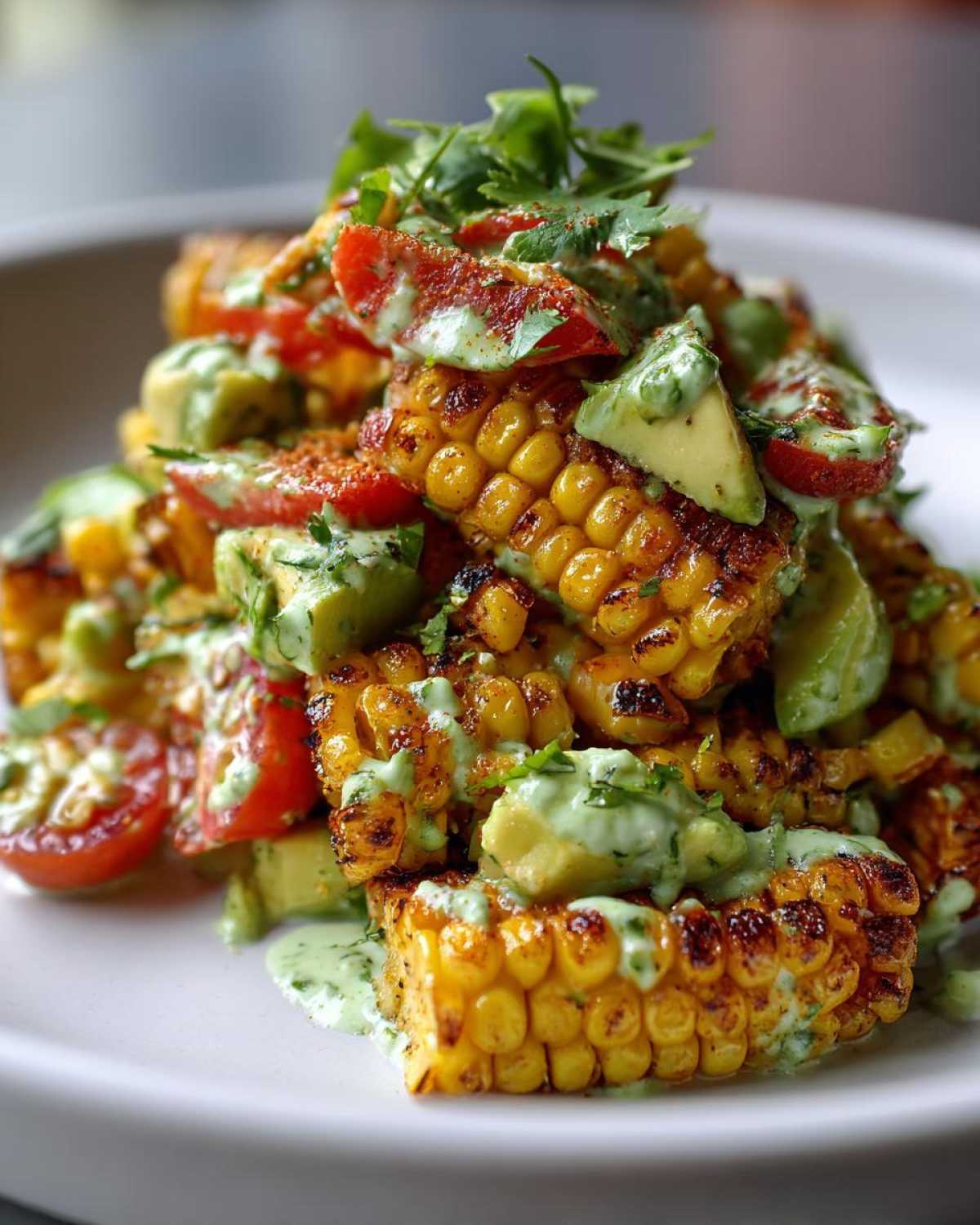 Close-up of grilled Corn Salad pieces topped with avocado chunks, tomatoes, and a creamy green dressing.