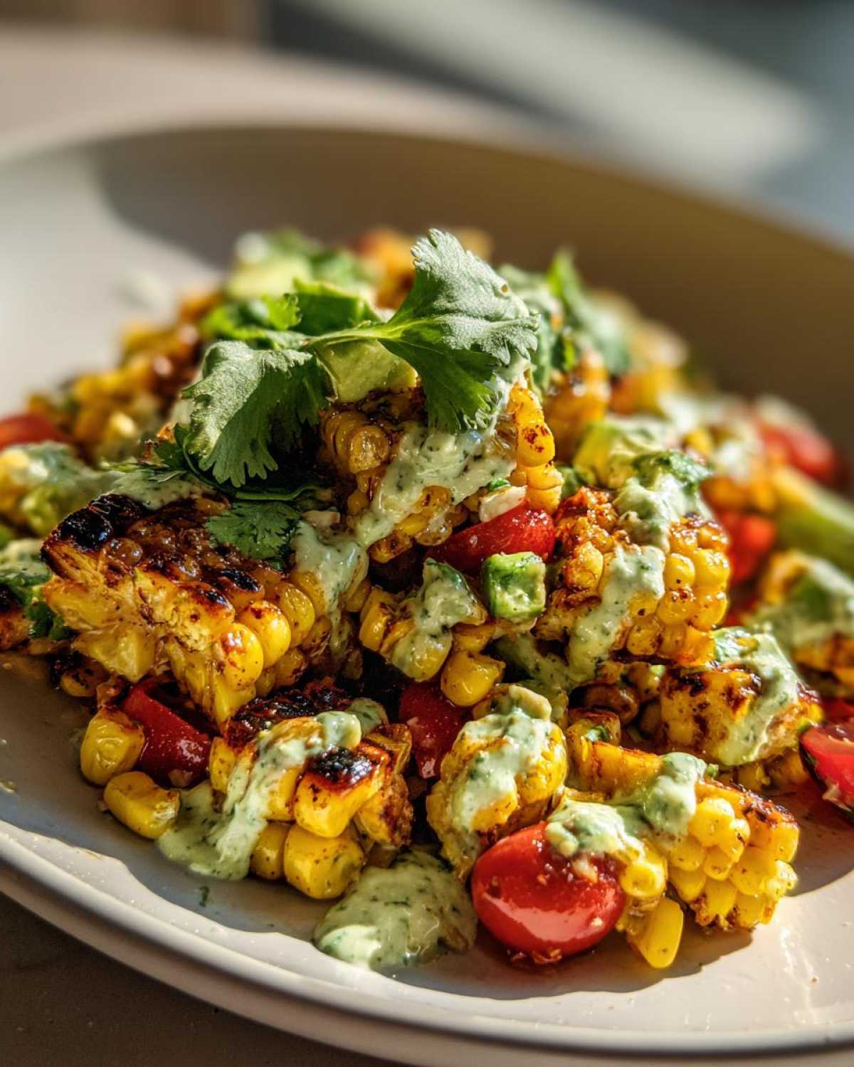 Close-up of a vibrant grilled Corn Salad featuring charred corn kernels, cherry tomatoes, avocado, and a drizzle of creamy green dressing.