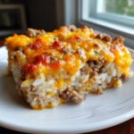 A close-up serving of savory Ground Beef and Rice Casserole topped with melted, browned cheddar cheese.