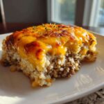 A square serving of baked Ground Beef and Rice Casserole topped with melted, browned cheddar cheese.