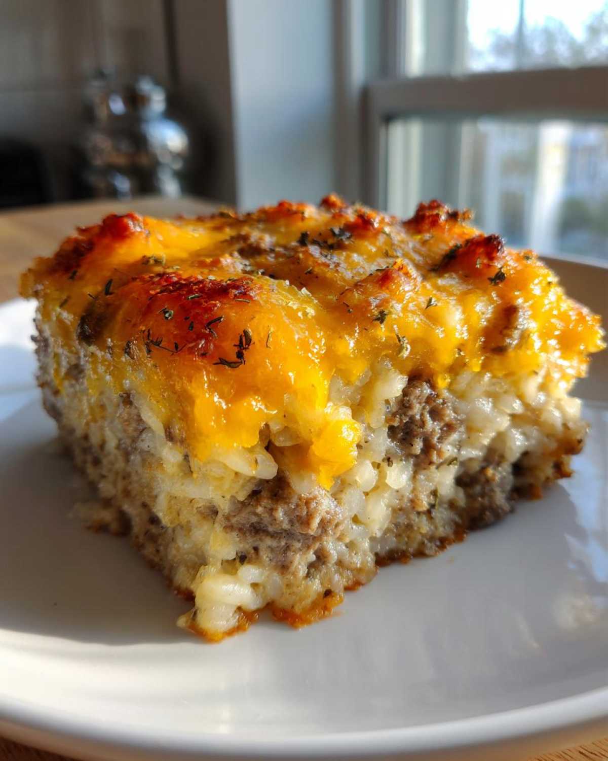 A square serving of baked Ground Beef and Rice Casserole topped with melted, browned cheddar cheese.