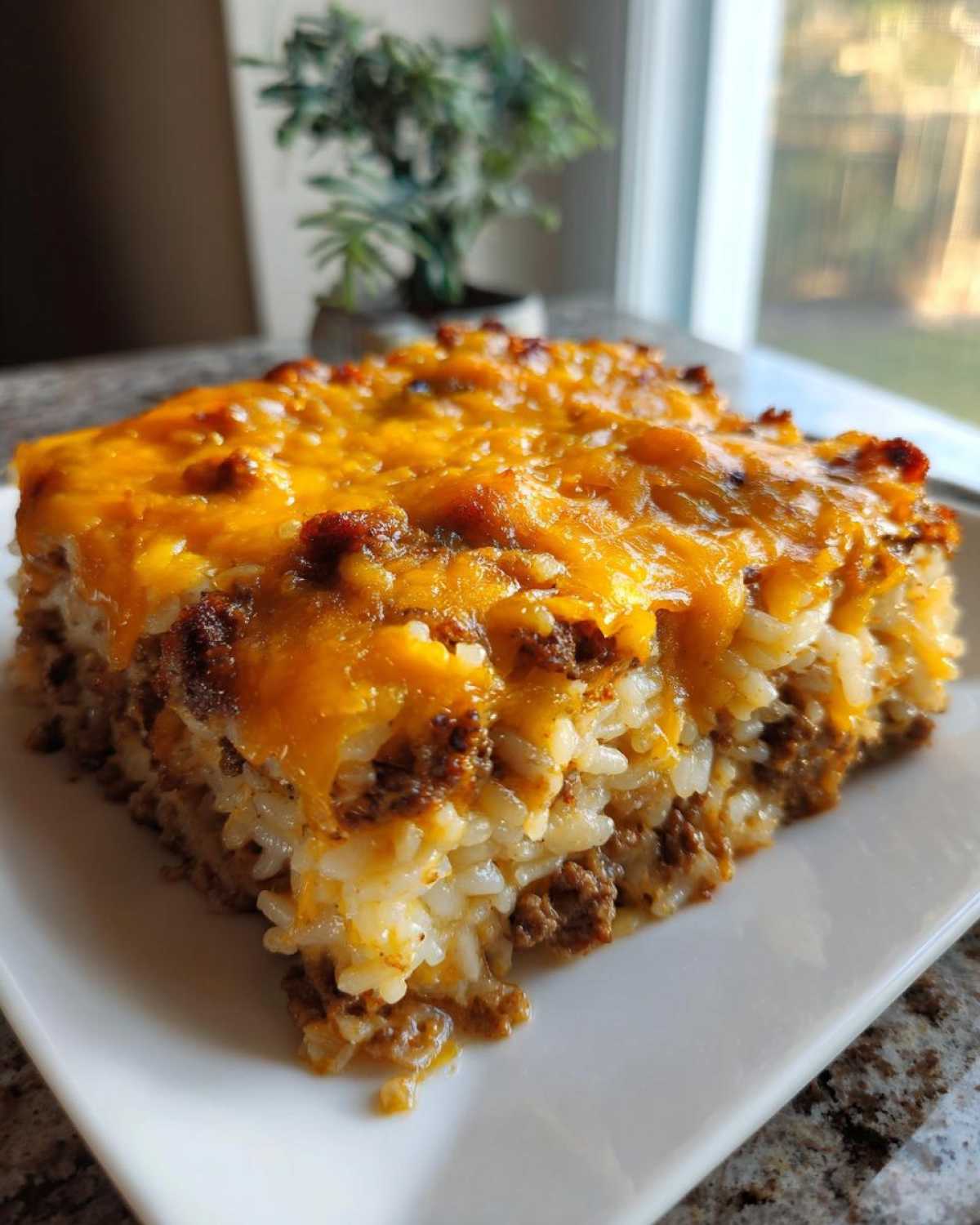 A square serving of baked Ground Beef and Rice Casserole topped with melted cheddar cheese on a white plate.