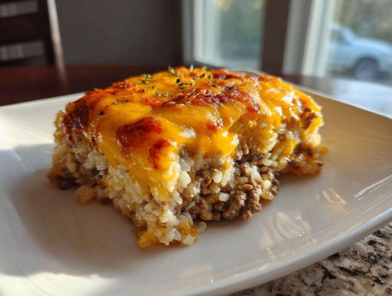 A square serving of baked Ground Beef and Rice Casserole topped with melted, browned cheddar cheese.