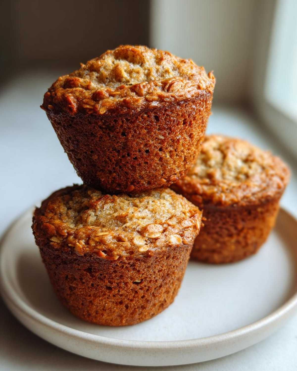 Three golden-brown Healthy Banana Oatmeal Muffins stacked on a light ceramic plate.