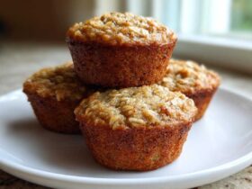 A stack of four golden-brown Healthy Banana Oatmeal Muffins topped with visible oats, served on a white plate.