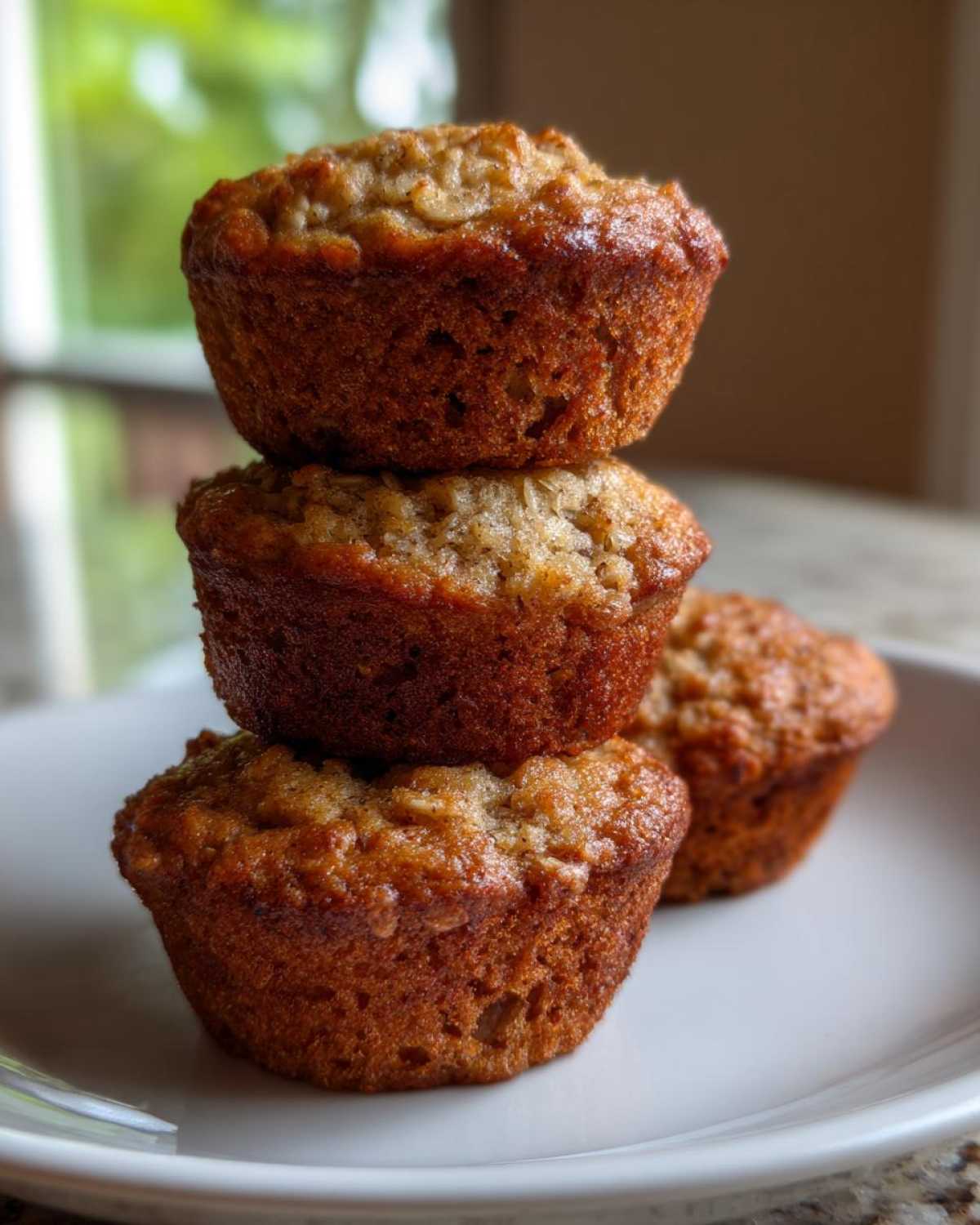 A stack of three golden-brown Healthy Banana Oatmeal Muffins sitting on a white plate.