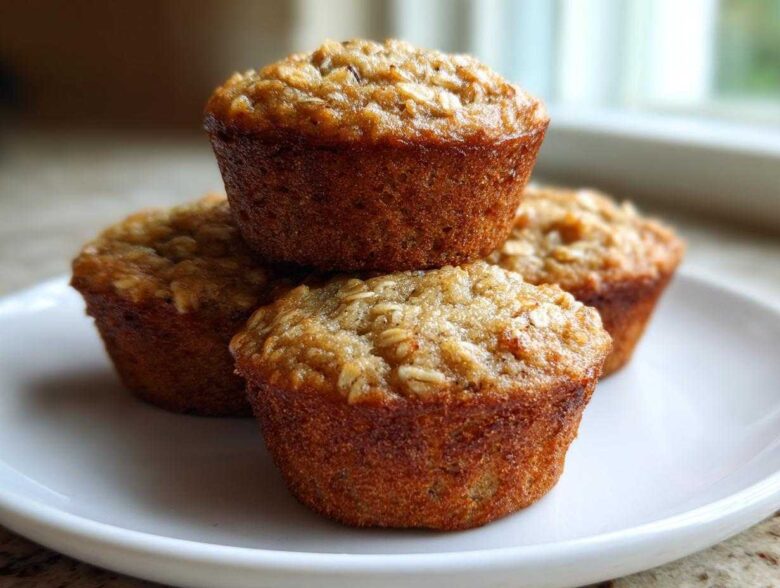 A stack of four golden-brown Healthy Banana Oatmeal Muffins topped with visible oats, served on a white plate.