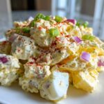 Close-up of creamy Hellman's Potato Salad garnished with chopped red onion, green onion, and paprika.