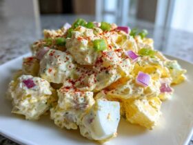 Close-up of creamy Hellman's Potato Salad garnished with chopped red onion, green onion, and paprika.
