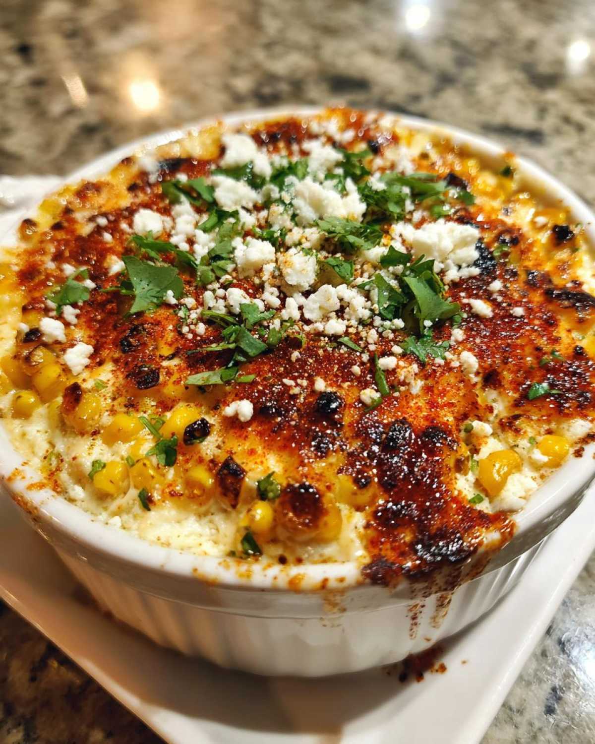 Close-up of a bubbling hot Elote Dip with Mexican Street Corn Flavors, topped with cotija cheese and cilantro.
