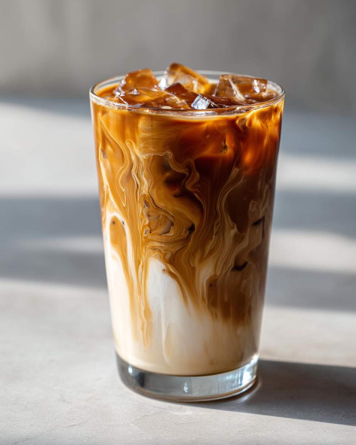 Close-up of a tall glass filled with Iced Caramel Swirl Coffee, showing dramatic swirls of dark coffee and white milk/cream over ice.