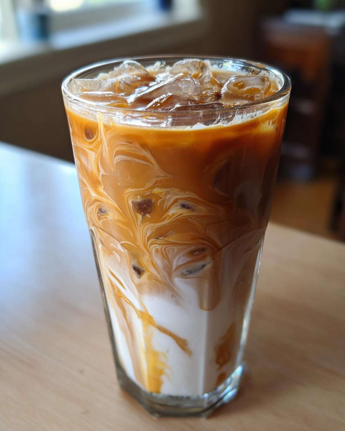 Close-up of a tall glass showing the beautiful swirl pattern of milk and caramel in an Iced Caramel Swirl Coffee.