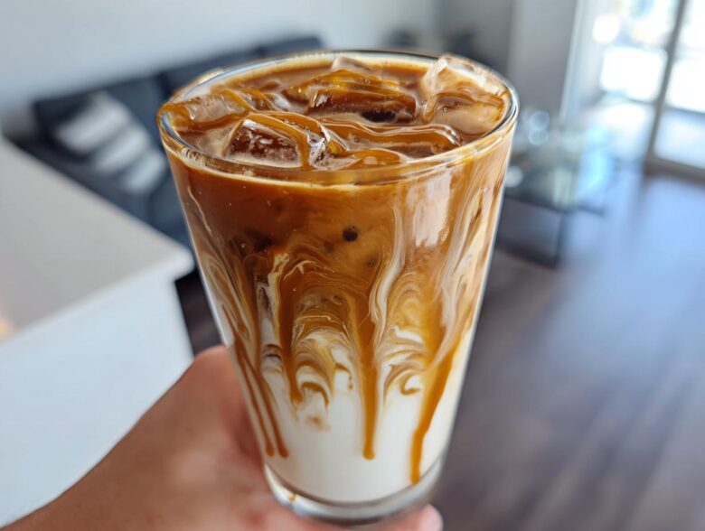Close-up of a tall glass of Iced Caramel Swirl Coffee showing beautiful swirls of caramel and coffee mixing into the white milk base over ice.