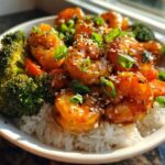 Close-up of Irresistible Honey Garlic Shrimp Bowls featuring glazed shrimp over white rice with steamed broccoli and sesame seeds.